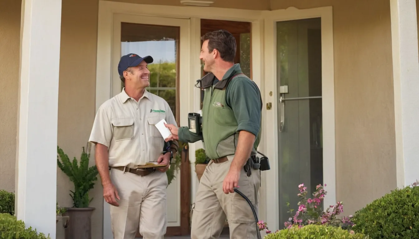 Friendly pest control provider talking with a homeowner at the front door of a stucco home in Vallejo